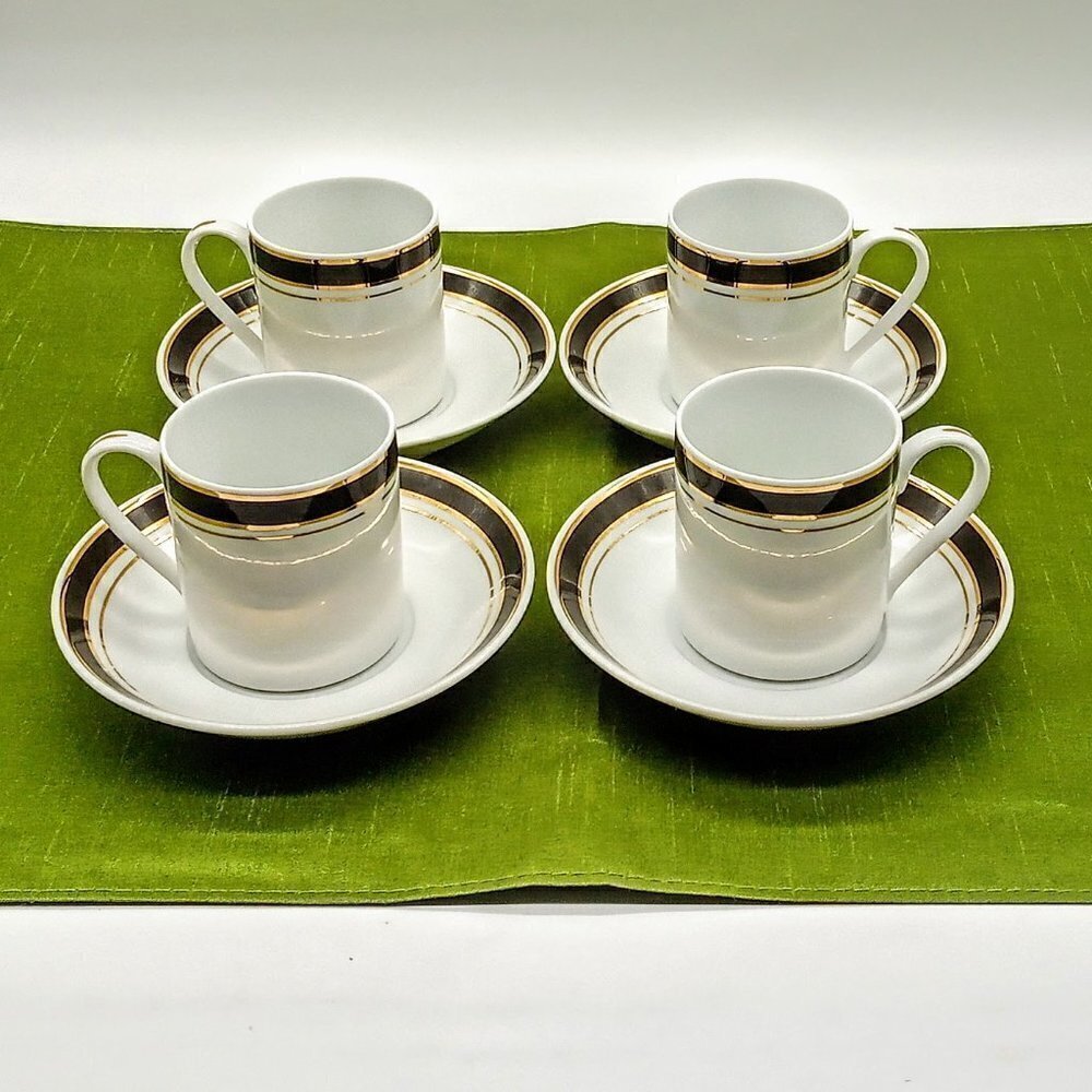 Crown Porcelain Black Gold Demitasse Cup Saucer Set (4)